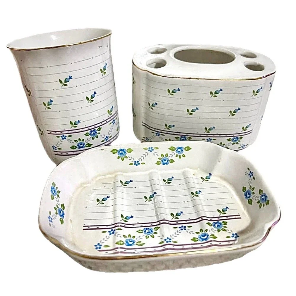 Vintage Ceramic Bathroom Set Blue Floral Soap Dish Cup Toothbrush Holder Cottage